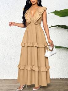 SHEIN Lady Vestido casual de vacaciones para mujer con dobladillo de volantes de unicolor - Caqui - Ver 5