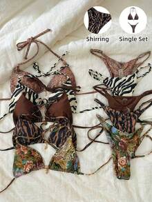 Elavelle Springbreak 女士沙滩装，随机印花细肩带金属装饰性感比基尼套装 - 彩色 - View 2