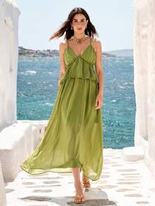 SHEIN Vestido holgado de verano para vacaciones con diseño elegante de volantes en capas, escote en V francés, espalda descubierta y estilo sexy - Verde - Ver 4