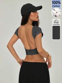 SHEIN PETITE Women's Sexy Solid Color Backless Cropped T-Shirt For Summer - Dark Grey - View 8