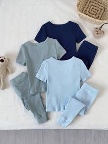 SHEIN 6件組男嬰紋理羅紋布可愛熊娃娃頭刺繡貼片短袖上衣與長褲貼身居家休閒套裝 - 彩色 - 查看 2
