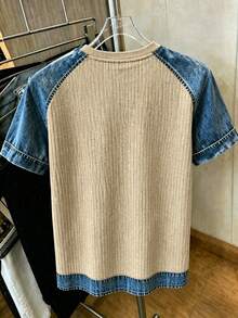 Franclia Women's Round Neck Color Block Casual Versatile Daily Wear Short Sleeve T-Shirt - Brown - View 2