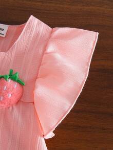SHEIN Vintaside Kids 女嬰夏季粉色柔軟可愛休閒風草莓圖案方領荷葉袖上衣搭配寬腿長褲2件套，適合日常穿著、冷氣房放鬆、日常玩耍，柔軟可愛女孩套裝 - 粉色 - 查看 7