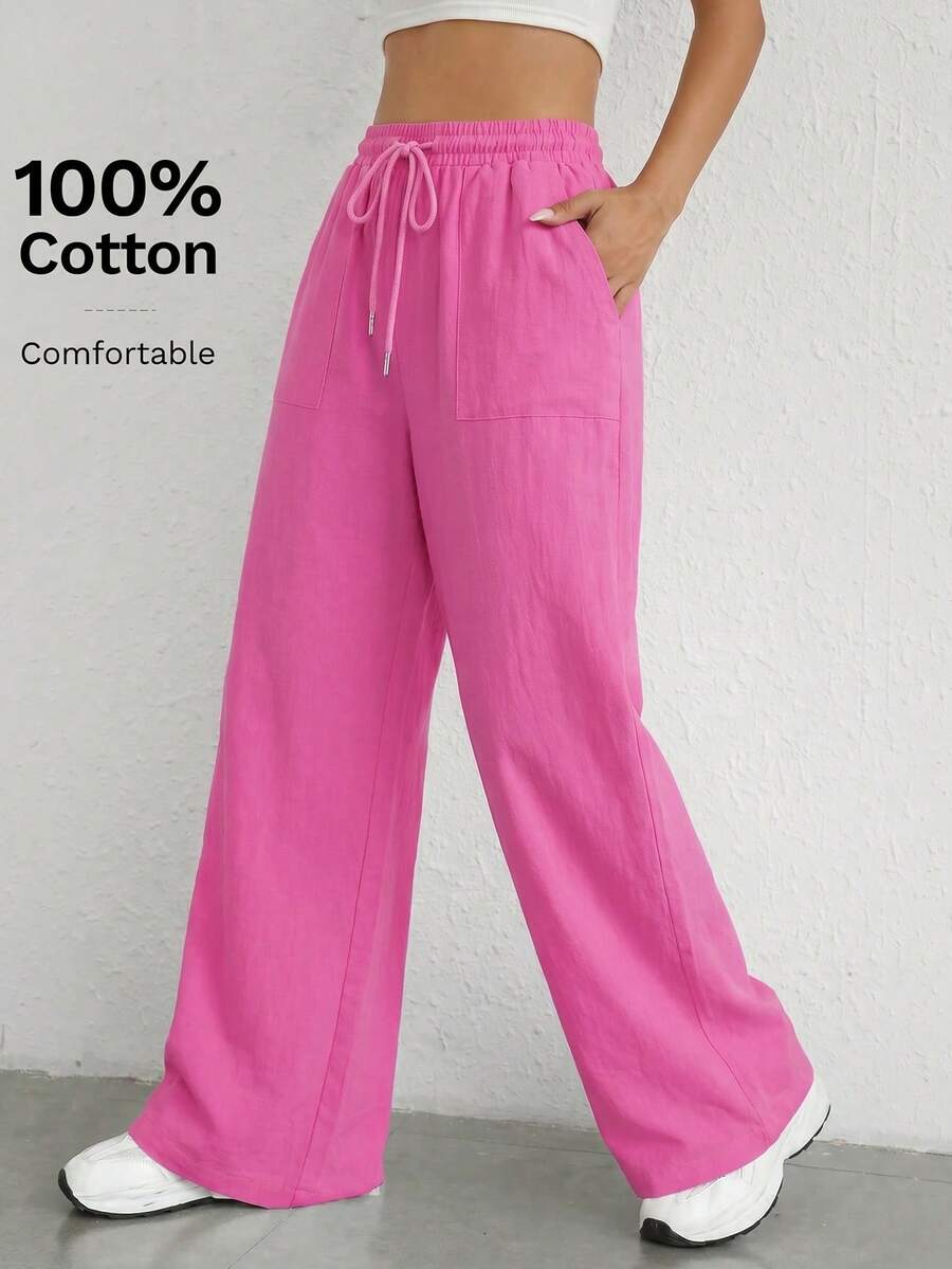 SHEIN EZwear 玫瑰红编织抽绳腰斜插口袋休闲裤 - 玫紅色 - 查看 1