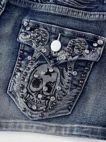 ROMWE Avant Women's Y2K Retro Wing Skull Embroidered Ultra Short Denim Shorts - Blue - View 4