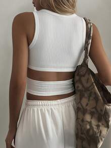 DAZY Women's Summer Round Neck Backless Hollow Design Fitted Cropped Casual Sexy Camisole Top Golf White - White - View 3