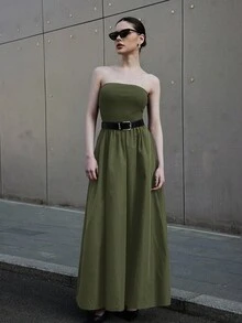 Siren Gaze 女式夏季上紧下宽针织拼接梭织休闲连衣裙，带侧袋 - 綠色 - 查看 4