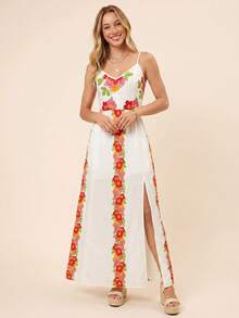 Coeurva Women's Summer Beach Floral Print High Slit Spaghetti Strap Dress - Multicolor - View 4