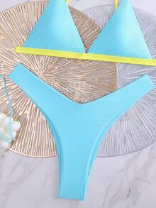 Swim Mod Conjunto de Traje de Baño de Dos Piezas con Tirantes de Espagueti y Ribete de Color Contrastante - Multicolor - Ver 4
