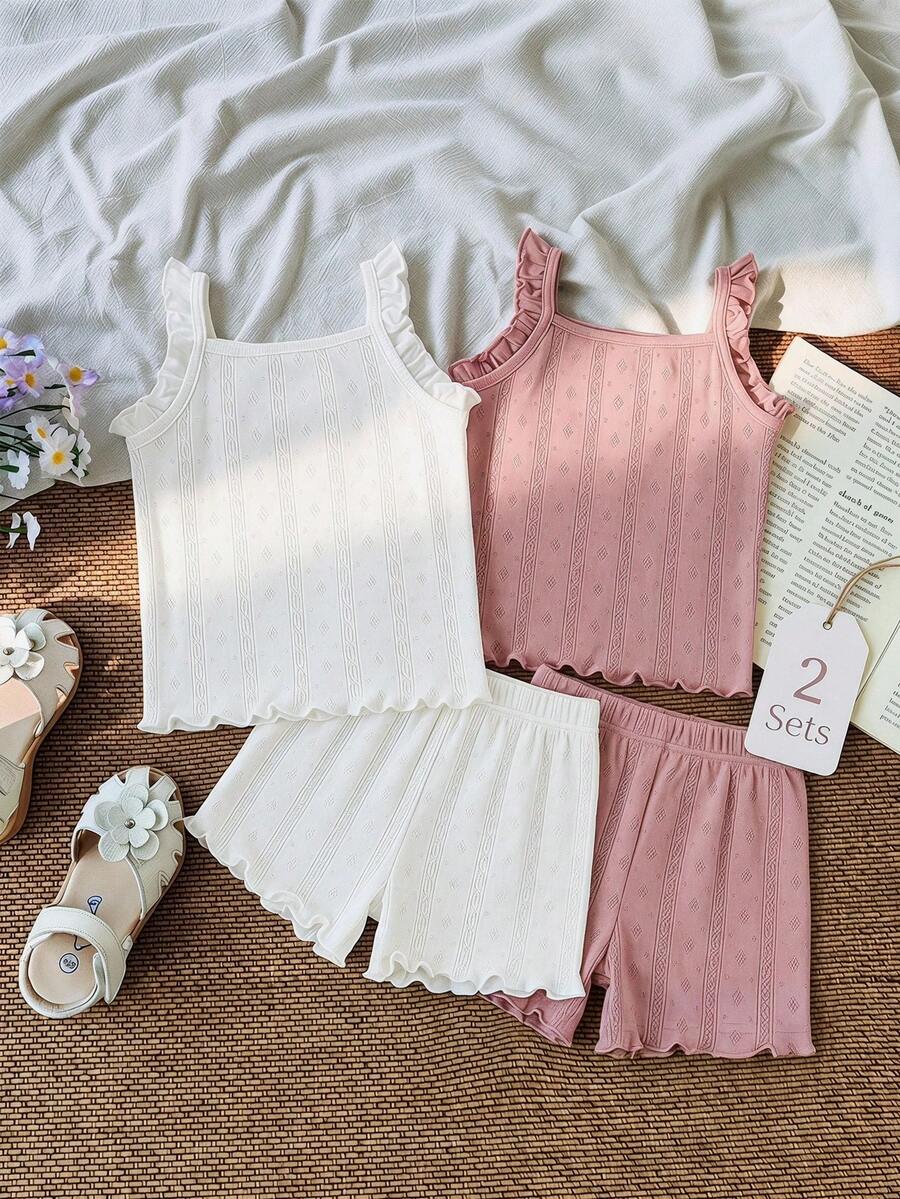 SHEIN 两件套女童纯色荷叶边吊带背心和短裤套装 - 彩色 - 查看 1