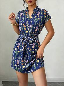 Elenzga 女款夏季花卉印花收腰短袖洋裝 - 藏蓝色 - 查看 3