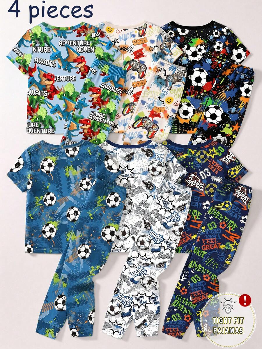 SHEIN 【6件套,随机发货2件/套】男童睡衣,春夏新品,时尚热销,酷炫图案印花,包括积木、恐龙、足球、游戏机等,紧身针织面料短袖上衣和长裤睡衣套装,街头风 - 彩色 - 查看 1