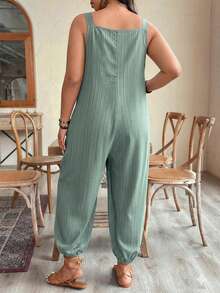 EMERY ROSE Plus Size Women's Early Spring Minimalist Elegant Textured Loose Cuffed Overall Jumpsuit - Green - View 2