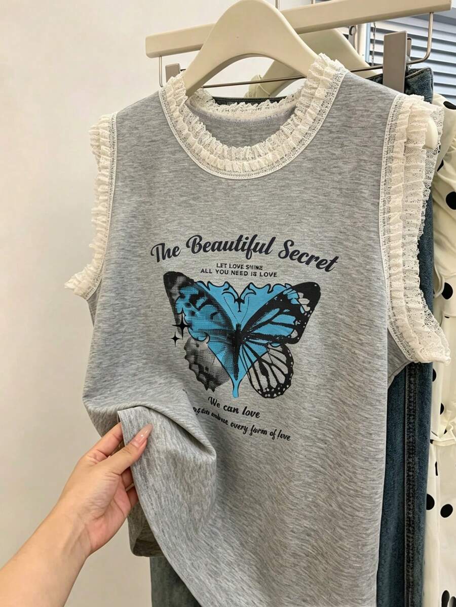 EMERY ROSE Women's Letter Butterfly Print Frill Trim Casual Fairycore Graphic Versatile Daily Date Outing T-Shirt Grey Summer - Grey - View 1