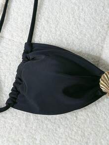 Swim Chiccia Women Solid Color Spaghetti Strap Wireless Beach Wear Swimwear Top For Summer Beach Vacation - Black - View 3