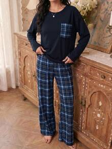 Modelyn 女士休闲宽松格子印花圆领睡衣套装，秋冬服装 - 藍色 - 查看 6