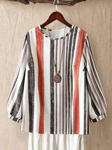 Linhara Plus Size Vacation Casual Colorblock Striped Lantern Sleeve Shirt - Multicolor - View 3