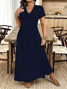 Breezaya Plus Size Women's Wavy Collar Fashion Commuter Long Dress - Navy Blue - View 5