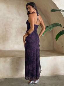 Aloruh Women's Spring/Summer Vacation Butterfly Net Mesh Printed Halter Lace Patchwork Super Long Slit Ruffle Hem Dress - Purple - View 2