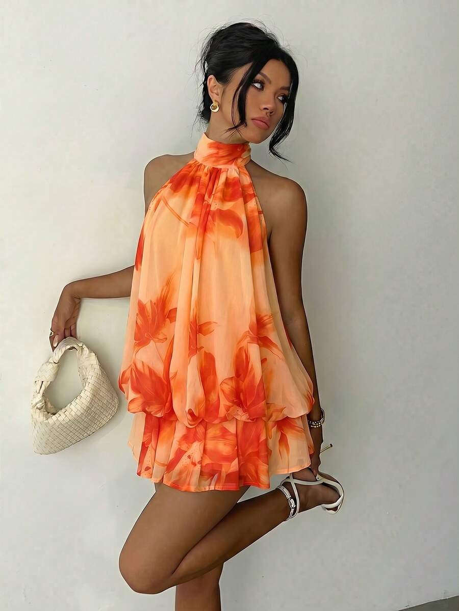 Aloruh 女款優雅淡黃色掛脖領結迷你洋裝 - 橘色 - 查看 1