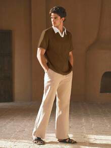 HIMLAND Men's Woven Fashion Casual Young Loose Short Sleeve POLO Shirt - Brown - View 4