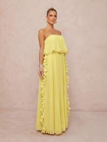 Lumalex New Spring/Summer Pleated Lemon Yellow Lace Trim Bandeau Long Dress Dinner Day Party Elegant - Light Yellow - View 7