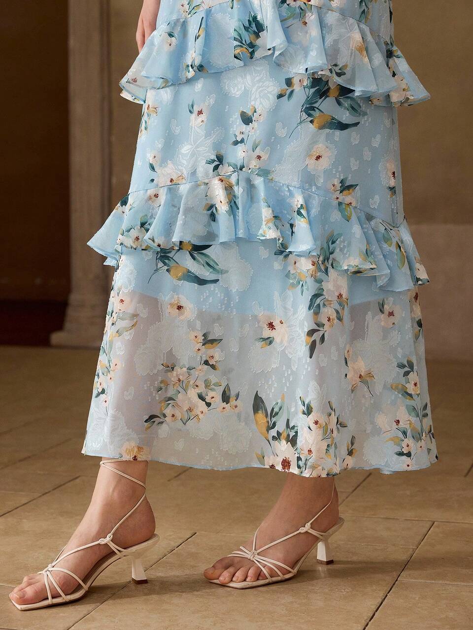 SPRING/SUMMER WOMEN'S CASUAL DATE ROUND NECK SLEEVELESS FLORAL PRINT RUFFLE LONG DRESS