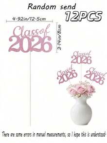 Pink Class Of 2026 Graduation Centerpiece, Rose Gold Glitter Party Table Decor For Grad Celebration Homecoming - Pink 2026 Vase Paper Flower Arrangement - View 6