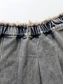 Rok Denim Vintage untuk Remaja Perempuan, Modis, Serbaguna, Nyaman, Kasual, Sederhana, dengan Pinggang Elastis dan Lipit. - Biru - View 4