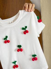 SHEIN 女童 1件 櫻桃刺繡休閒T恤，夏季 - 白色 - 查看 9