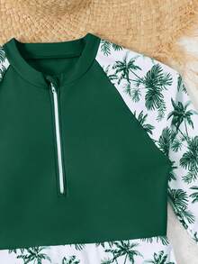 SHEIN 青少年女孩細肩帶比基尼背心，長袖兩件式泳衣，可愛印花泳裝，適合海灘度假 - 墨綠色 - 查看 3