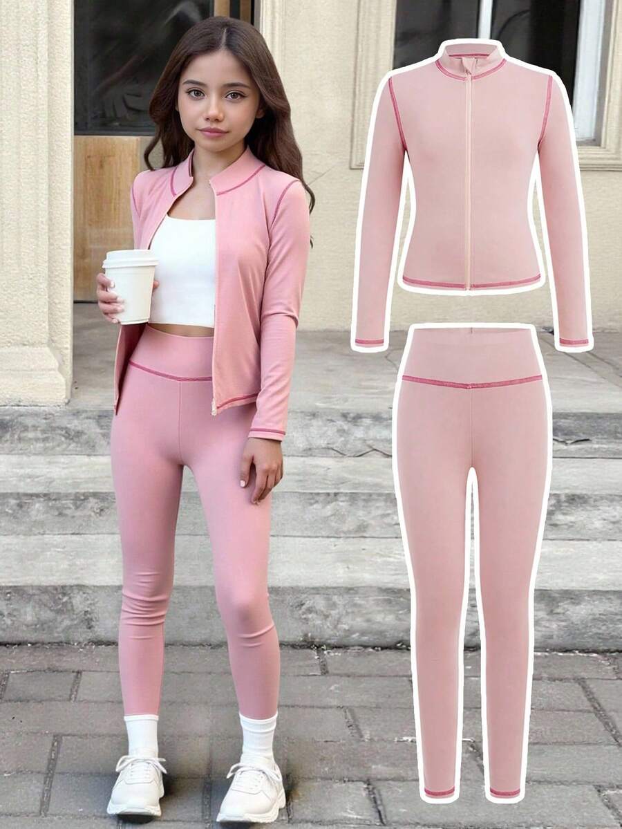SHEIN 青少年女孩休闲拼色粉色瑜伽运动修身拉链领针织弹力舒适纯色上衣和高腰紧身裤套装,返校装 - 粉色 - 查看 1