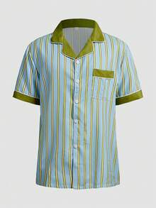 Chillnights Men's Casual Comfortable Contrast Stripe Print Lapel Button Loose Woven Pajama Set - Multicolor - View 3