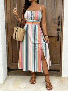 SHEIN Frenchy Plus Size Women's Striped Drawstring Bust Tie Cinched Waist Side Slit Hem Cami Dress - Multicolor - View 1