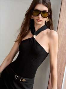 MOTF PREMIUM WOMEN'S METAL DECOR HALTER NECK KNIT TOP - Black - View 6
