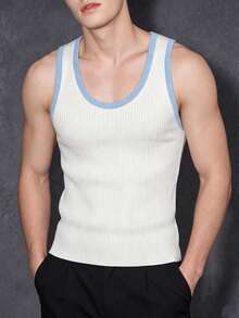 Manfinity Dauomo Men's Slim Fit White And Blue Contrast Color Crew Neck Ribbed Knit Vest Beach Holiday Autumn Casual - Multicolor - View 1