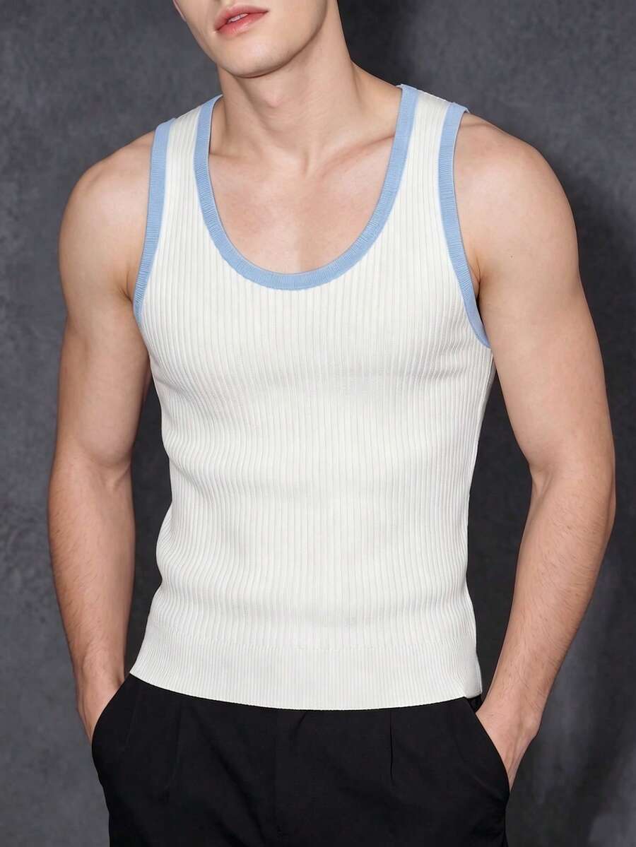 Manfinity Dauomo Men's Slim Fit White And Blue Contrast Color Crew Neck Ribbed Knit Vest Beach Holiday Autumn Casual - Multicolor - View 1