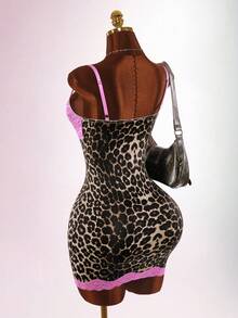 Amplova Women's Summer Sexy Lace Patchwork Leopard Print Fitted Mini Dress - Brown - View 2
