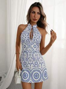 SHEIN PariChic Women's Summer Halter Neck Tie-Up Stand Collar Sleeveless Short Dress, Elegant European Jamaican Slimming Outfit For Brunch Vacation Blue And White - Blue and White - View 3
