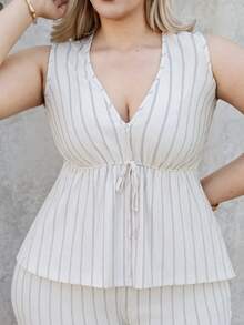 CHERRY TINTT SELECTION Plus Size Casual Vacation Striped Sleeveless A-Line Dress Shirt And Straight Leg Casual Pants 2 Pieces Set Elegant Summer - Apricot - View 3
