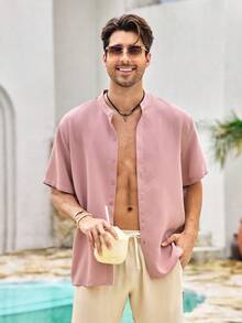Mercer Haus FEIAO 男士复古古币图案纽扣前襟灰色粉色涤纶华夫格纹理短袖 Polo 衫 - 淺粉色 - 查看 6