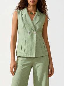 Bóhologie Women's Solid Color Linen Fabric Casual Style Pocket Gold Button Decor 2-Piece Tank Top And Pants Set - Mint Green - View 10