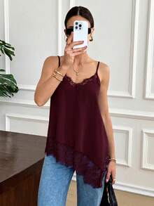 Elegant Women's Summer Camisole In Solid Color With Lace Patchwork And Side Slit - Apricot - View 3
