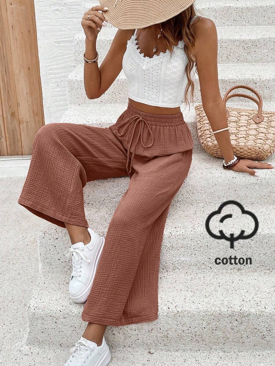 SHEIN Frenchy 女款素色腰帶綁帶直筒寬鬆休閒百搭長褲