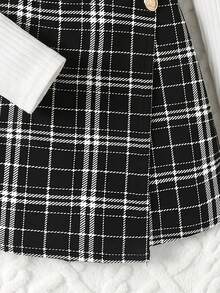 SHEIN 青少年女孩修身休閒極簡舒適高領套頭T恤與格紋秋季裙套裝 - 白色 - 查看 6
