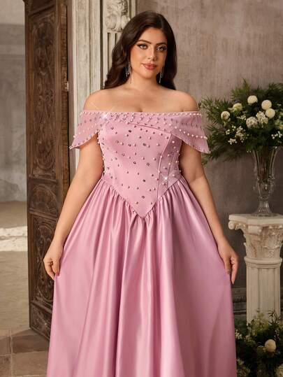 Aureia Plus Size Elegant Romantic Lotus Pink Satin Off-Shoulder Heavy Rhinestone Embellished Styled Sleeve Fitted A-Line Evening Gown, Suitable For Evening Party, Date, Ball, Vacation, Wedding Event, Guest Dress