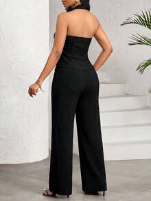 SHEIN Lady 女士纯色金属装饰吊带上衣和休闲裤两件套 - 黑色 - 查看 2