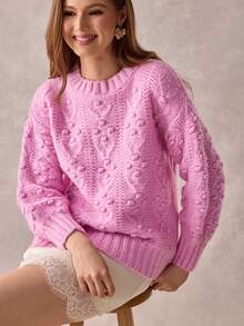 SHEIN WOMEN'S WEAR Textured Bobble Knit Chunky Sweater - Pink - View 7