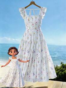 SHEIN Clasi Vestido Casual de Primavera para Saída, Chá da Tarde, Cintura Marcada, Estampa Floral Elegante, Resort Praia, Tamanhos Grandes para Mulheres - Branco - Visão 3