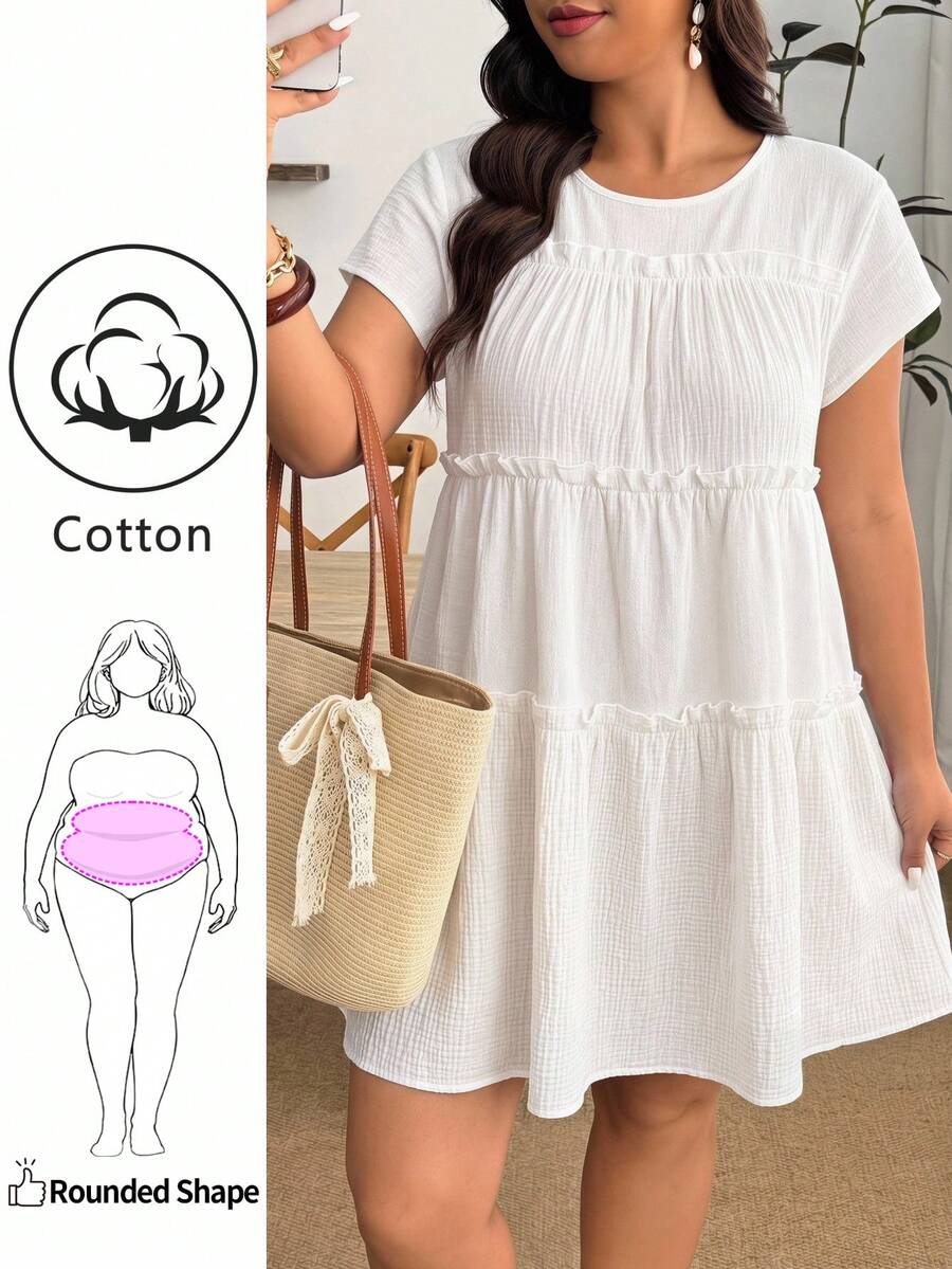 Enliva Đầm hè dáng rộng, màu trơn, chất liệu có họa tiết, phối bèo nhún, phong cách bohemian và đồng quê dành cho nữ, thích hợp mặc ngoài trời. - trắng - Xem 1